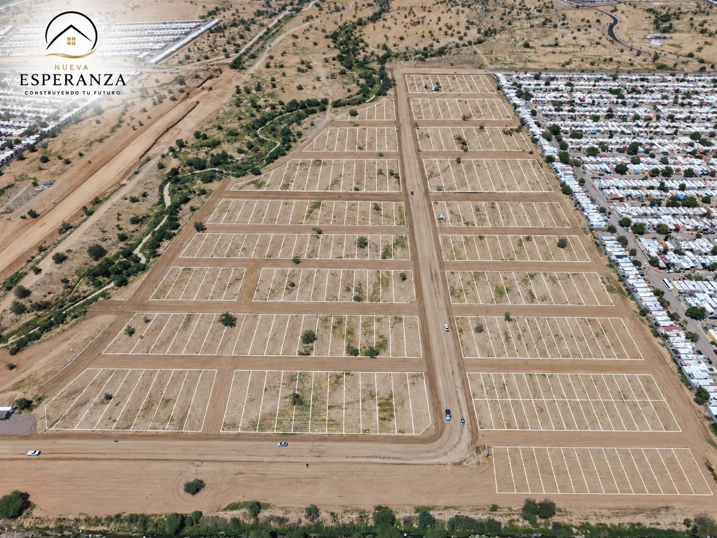Vista aérea ilustrativa con la distribución de lotes del desarrollo